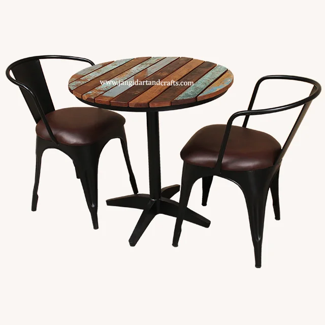 Popular Cheap Retro Industrial Fast Food Furniture Booth Seating Cafe Restaurant Iron Wooden Table and 2 Pu Leather Chairs Set