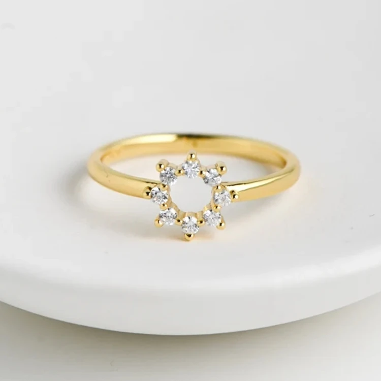 Dainty gold plating round shape cubic zircon ring sunburst sterling sliver ring
