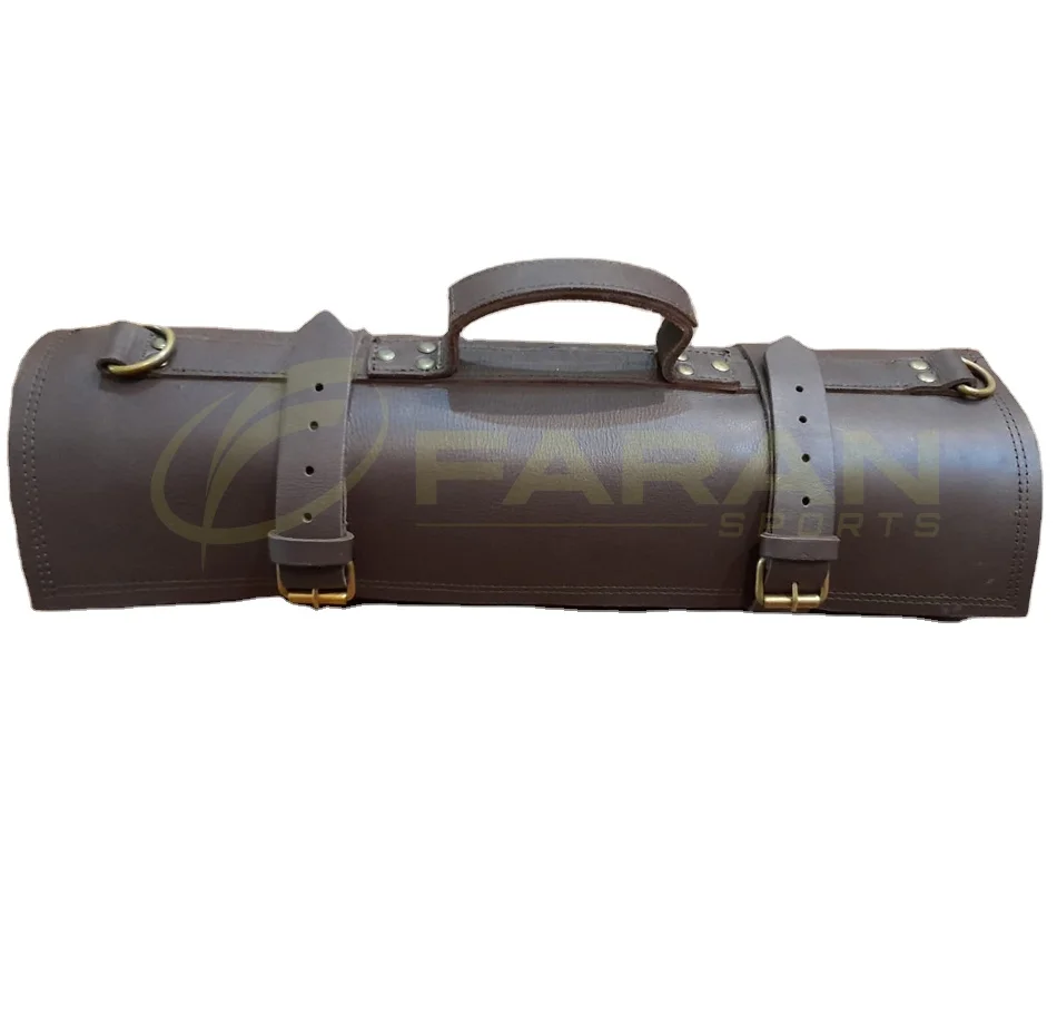 Hot Sale Custom Logo Natural Leather Knife Roll Storage Bag Leather Made Fit Pocket Adjustable Shoulder Strap Knife Case Roll