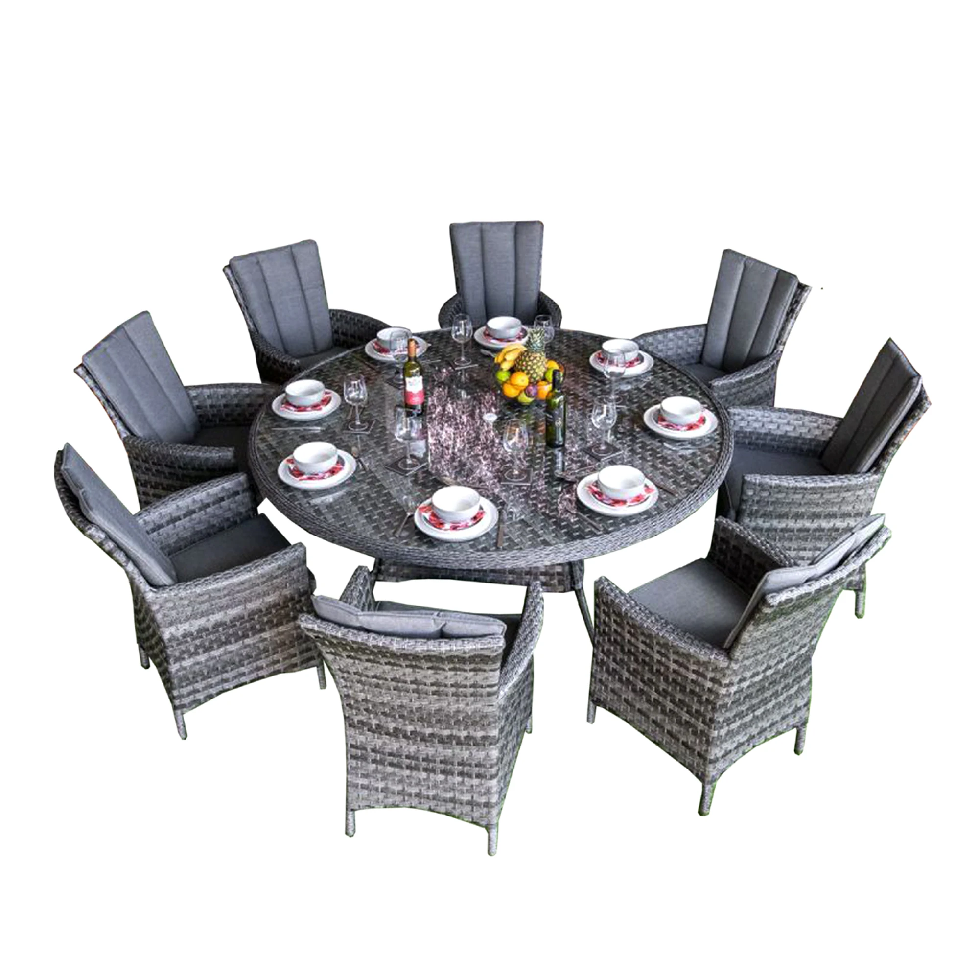 luxury round dining table for resorts high class aluminium wicker dining table and 8 chairs set wholesale price