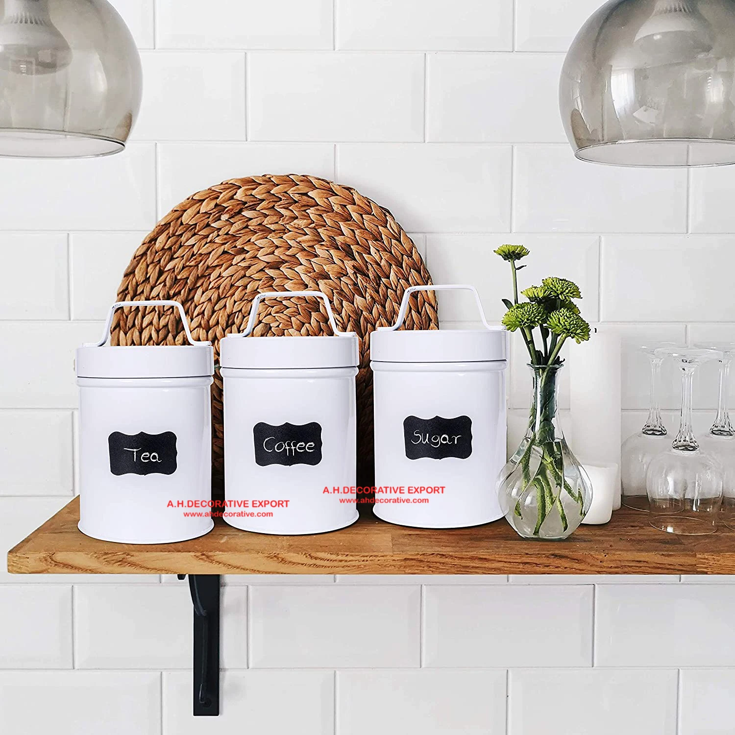 Metal Canister Sets for Kitchen Storage Customized Print Kitchen Decorative Canisters Set of 3 for Sugar Tea & Coffee Storage