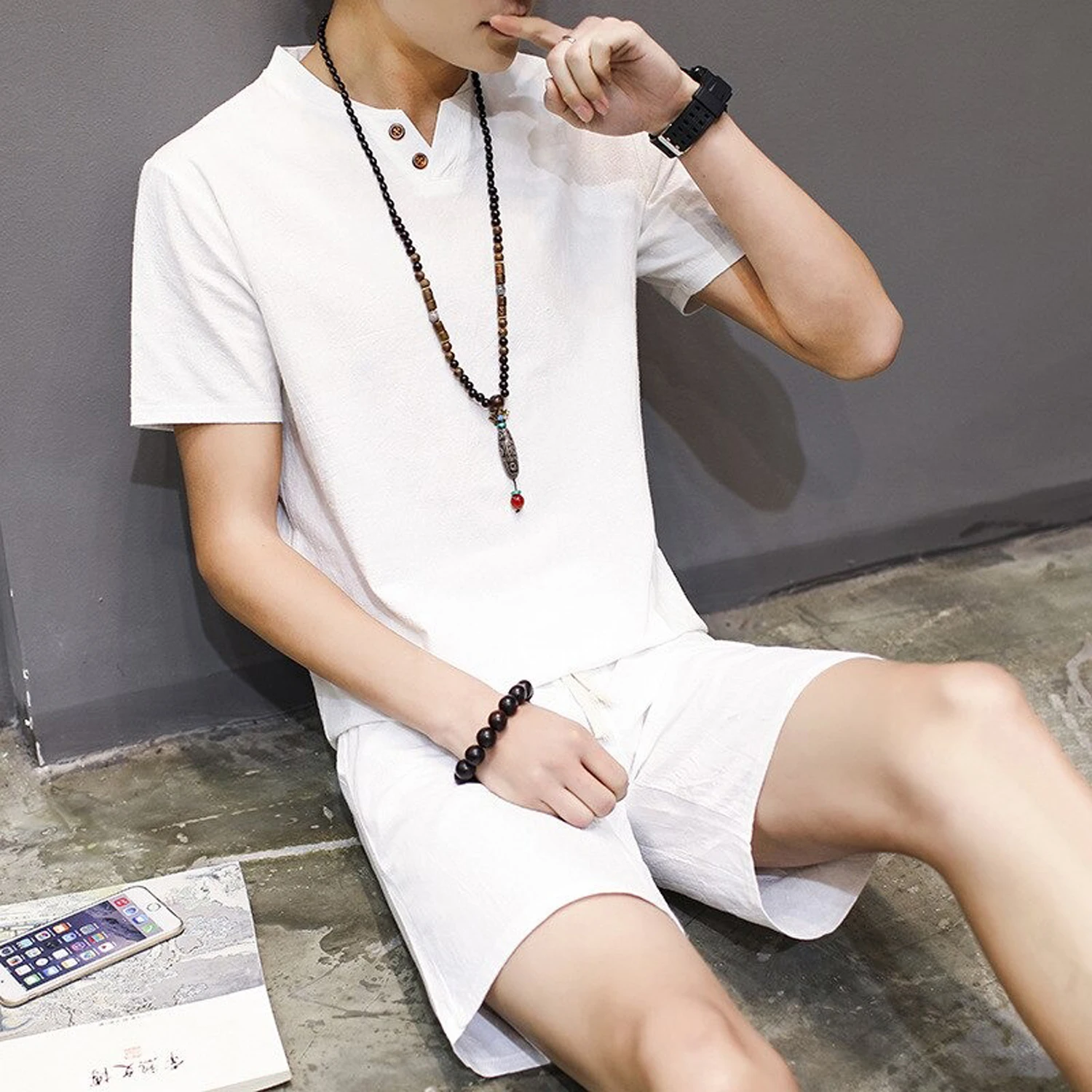 
Men T-shirt Shorts Set Linen Male Shirt Short Sleeve Shorts Two Piece Set Tracksuit Summer Comfort 