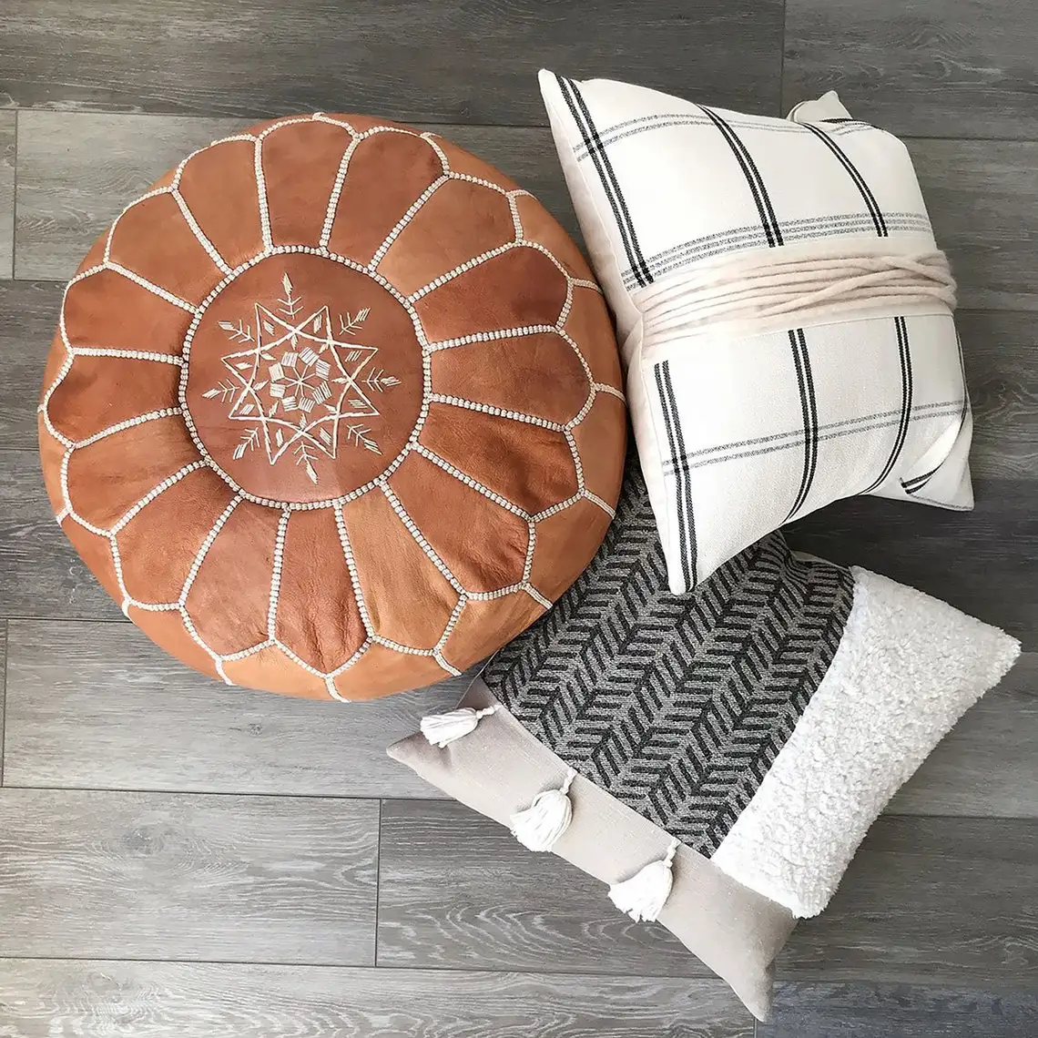 Original Moroccan POUF with White Stitching Leather Pouf Ottoman