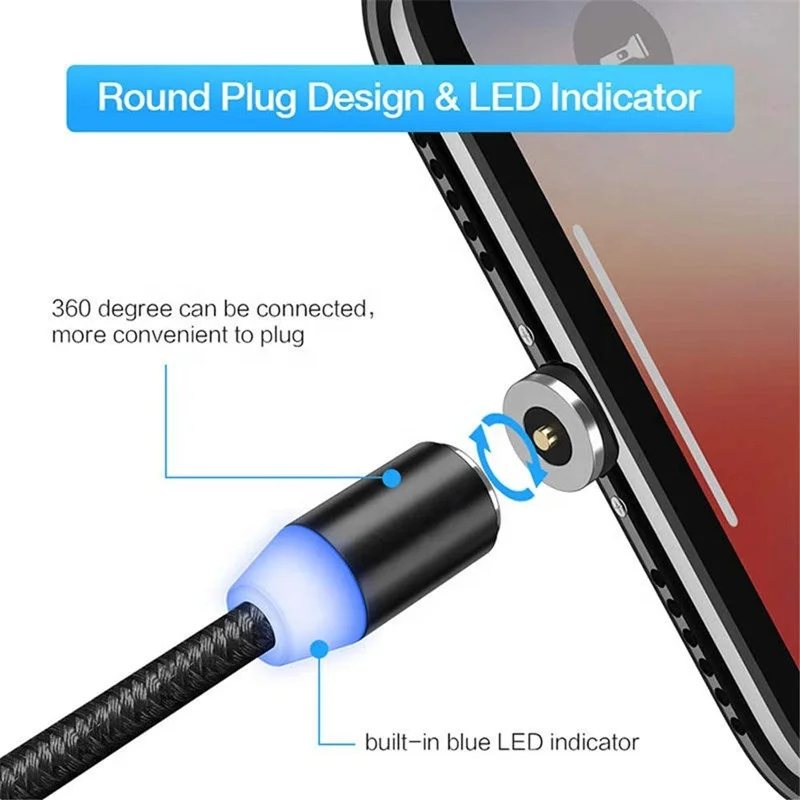  Umigi быстрой зарядки USB кабель с нейлоновой оплеткой 360 Вращающийся синий свет 3 в 1 Магнитный usb-кабель для передачи данных адаптер объектива камер Micro Lightning Type