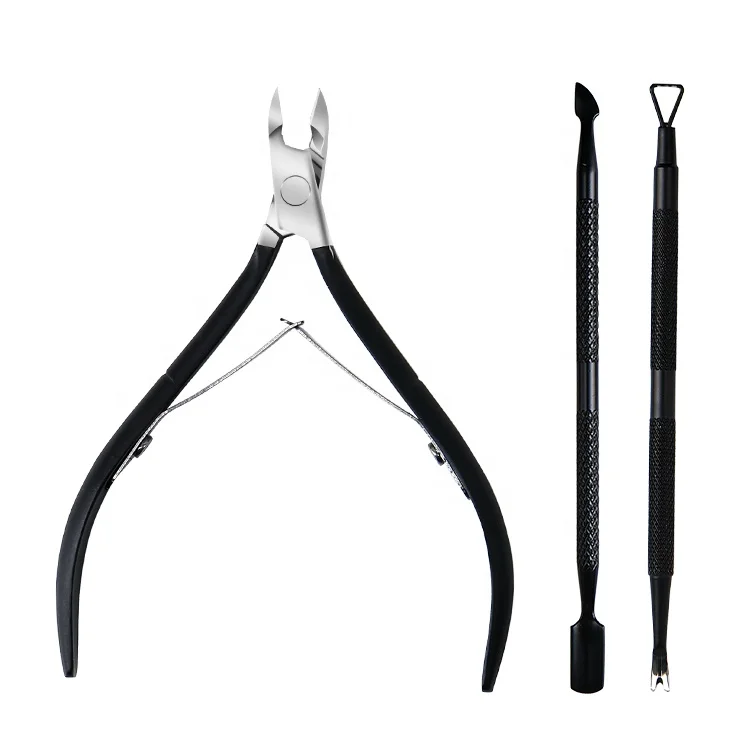 Customized Private Label Black Titanium Manicure Stainless Steel Cuticle Nipper Cuticle Pusher With Nail Polish Scrapper