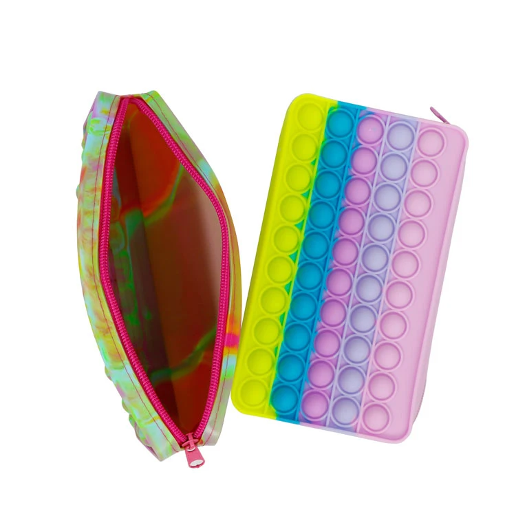 Pop Bubble silicone pencil pouch for kids children, rainbow stress relief pencil bag, pop it fidget toys pencil case