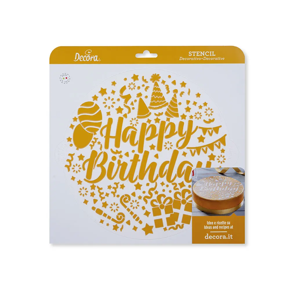 Top Quality Made in Italy Food Safe Plastic Decorative Stencil Happy Birthday for making designs on cakes and cookies
