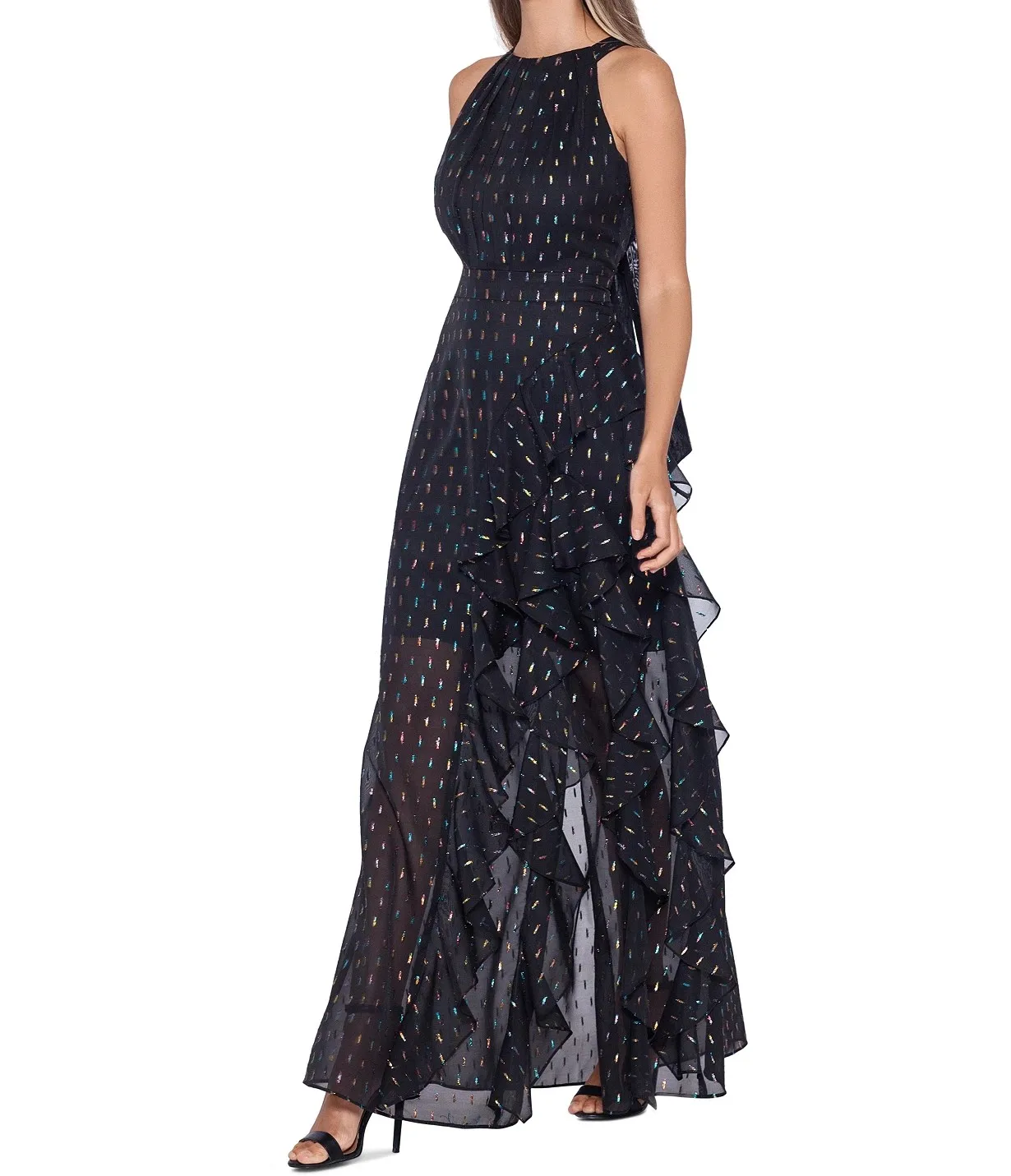 A Chic Choice For Weddings And Formal Events Flowing One Piece Dress Features Halter Neckline Colorful Clip Dot  Great  Texture