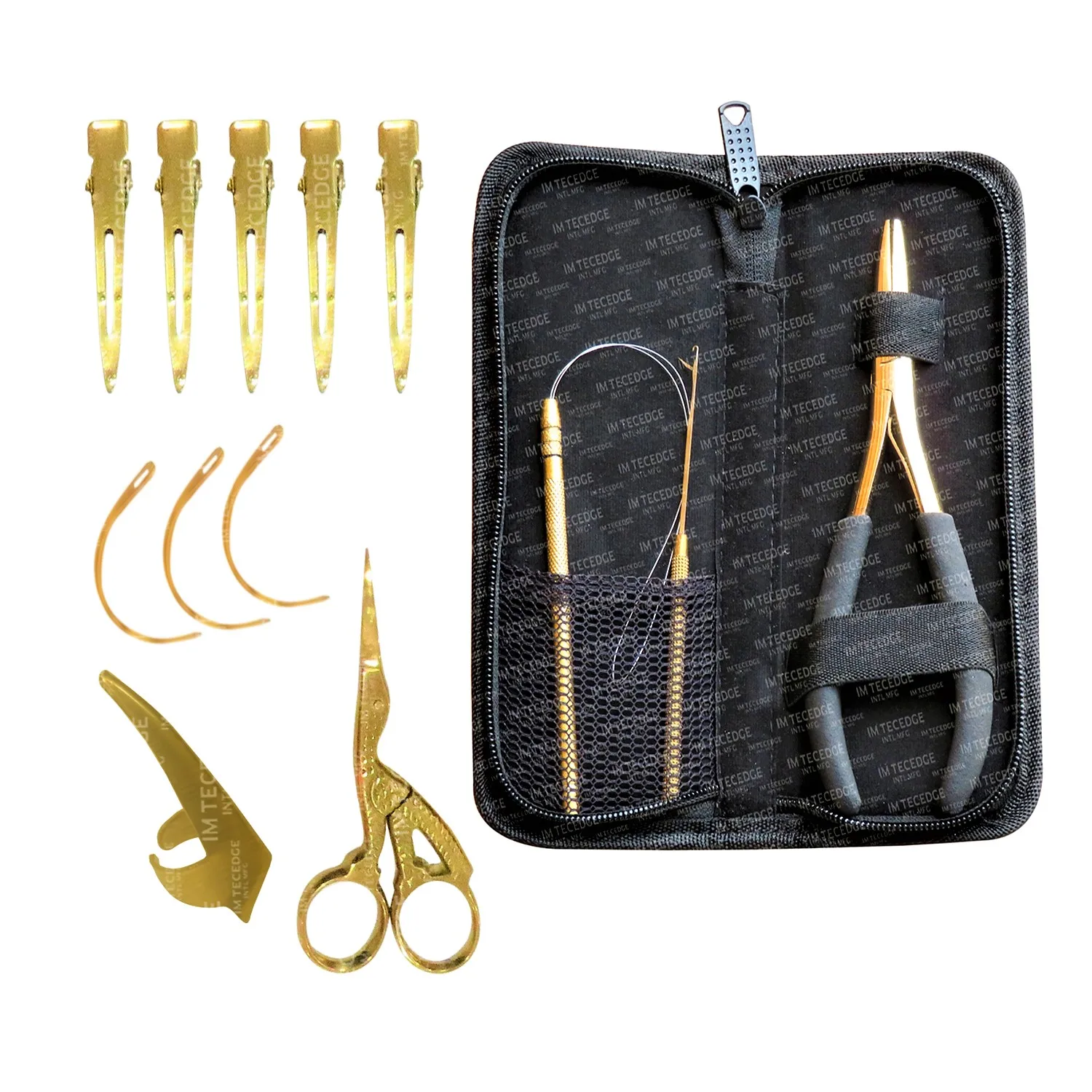 Nano & Micro Rings Hair Extension Tools Application Plier Kit with Pulling Loop Tool & C Type Needles Stainless Steel 5 Pieces