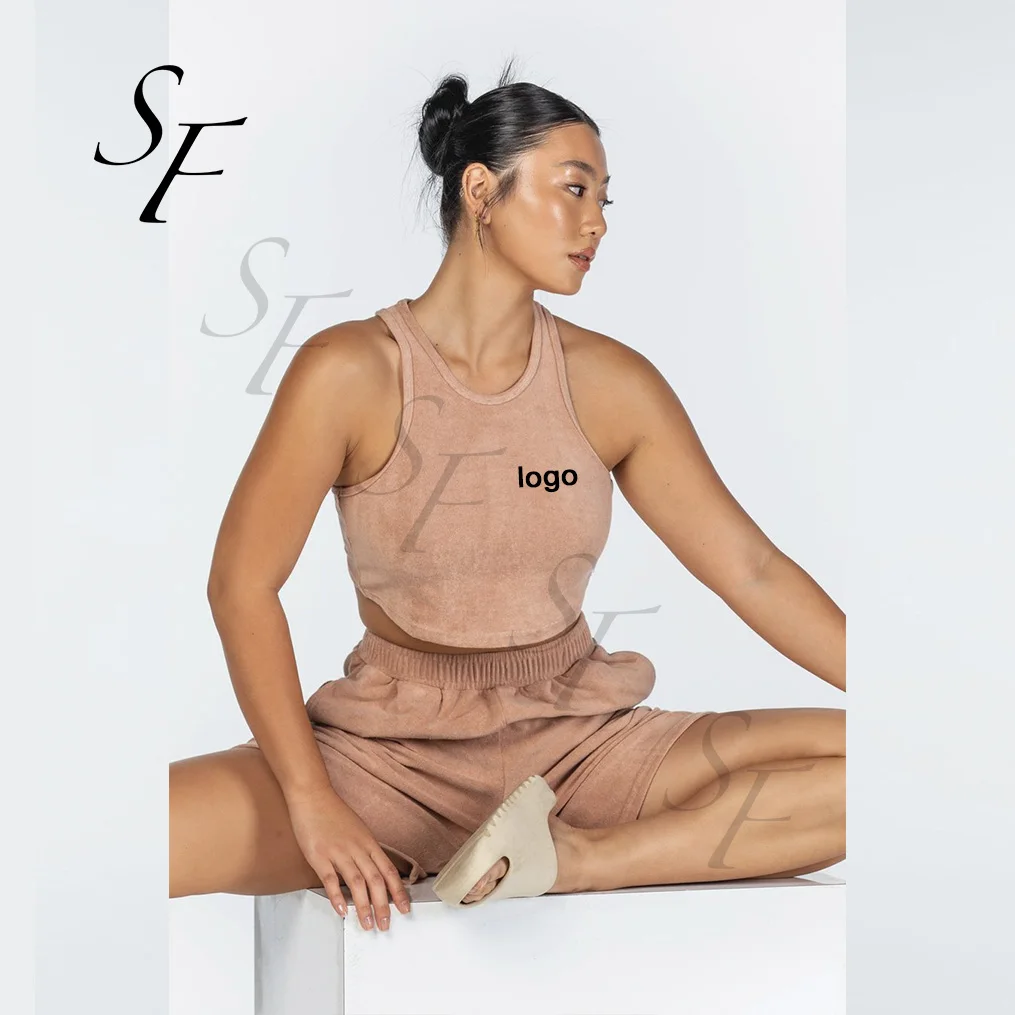 Wholesale Custom terry toweling summer comfy sleeveless crop vest matching terry towel short beach set