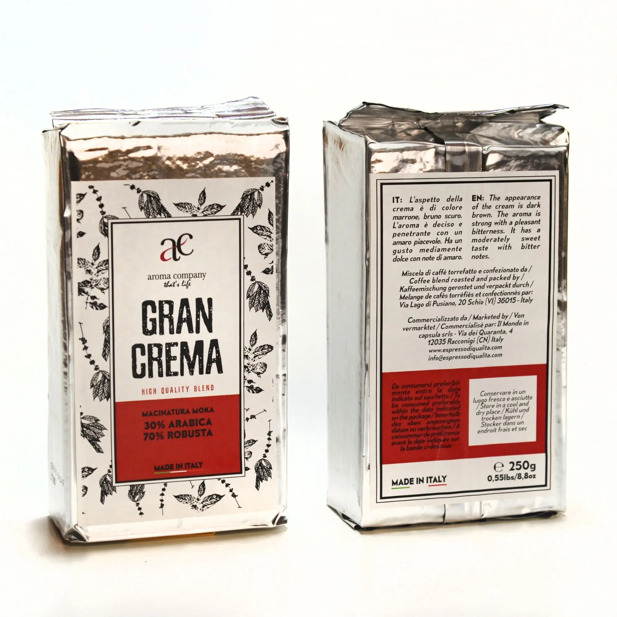 
High Quality Blend-Gran Crema-Ground Coffee-250 gr Vacuum Pack-30% Arabica 70% Robusta-Italian Roast-Grinding Moka- strong aroma 