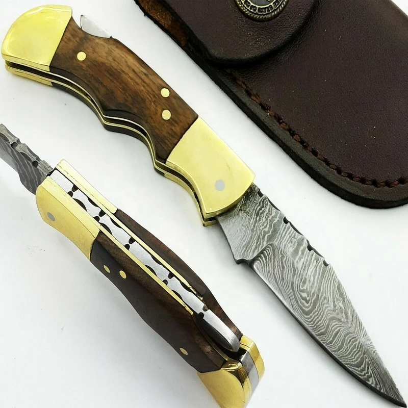 Складные ножи из розового дерева с кожаным футляром для выживания на природе кемпинга охоты