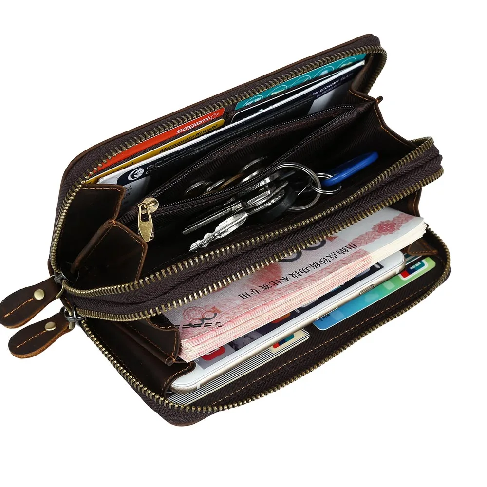 
Custom Vintage 100% Crazy Horse Leather Long Purse Men Handmade Double Zipper Long Genuine Leather Clutch Wallet For Men 