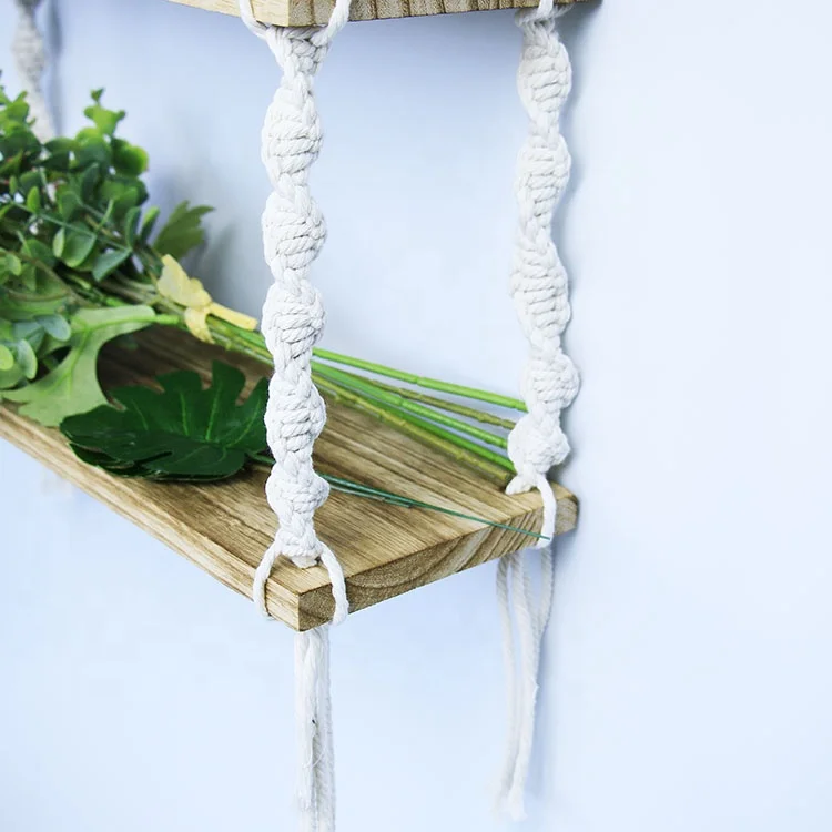 double shelf  macrame wooden  floating shelf plant pot hanger rope plant hanger