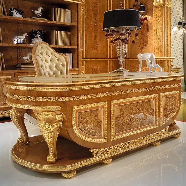 Luxury italian style hand made carved wood office writing table for Grand Palace, Gilded writing desk