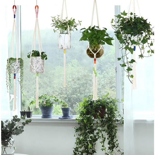 5 Pack Color Handmade Cotton Rope Macrame Plant Hanger Flower Pots Or Basket Hanging Planter Holder for Decorations 5 PCS Hooks