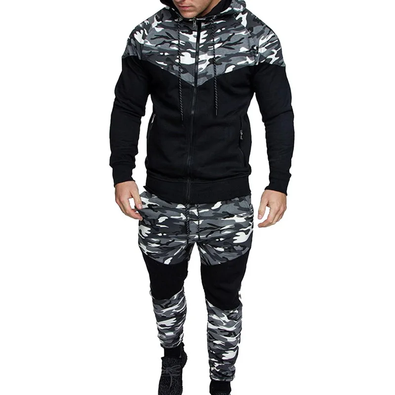 2021 Camouflage Printed Casual camo Solid Patchwork tracksuit Men 2Pcs Warm Sportswear Hoodies Pants Suit set for men