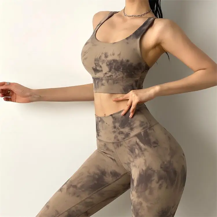 custom logo yoga fitness workout sets fade sports bra and legging tie dye set gym tights jogging  yoga set