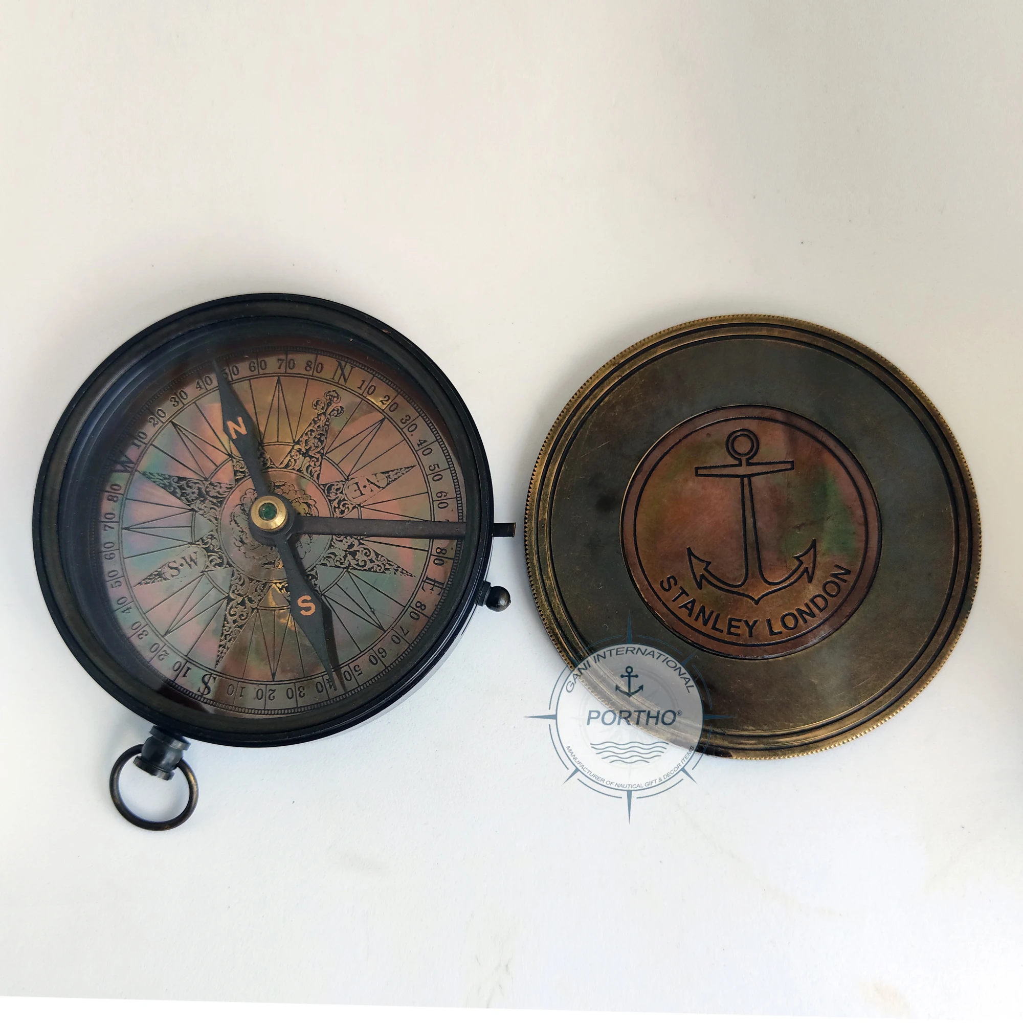 Nautical Antique Brass Anchor Flat Pocket Compass Marine Camping Hiking