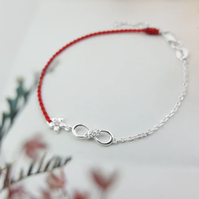 Hot Sale Red Line Women Friendship Infinite Eight and Flower Handmade Woven Lucky Redline Silver Bracelet