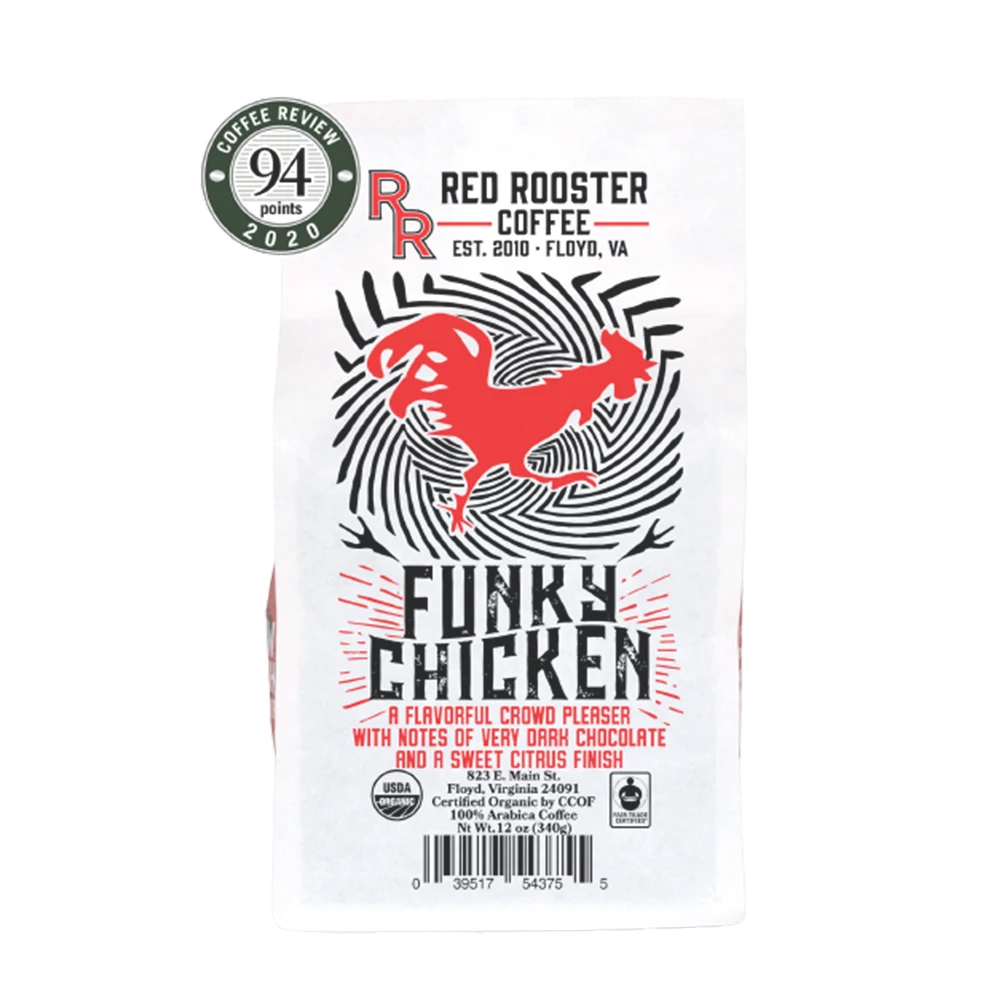 
Red Rooster Funky Chicken 12oz Bags Dark Chocolate with a Citrus Finish Taste Coffee Medium Roast Whole Bean Coffee 