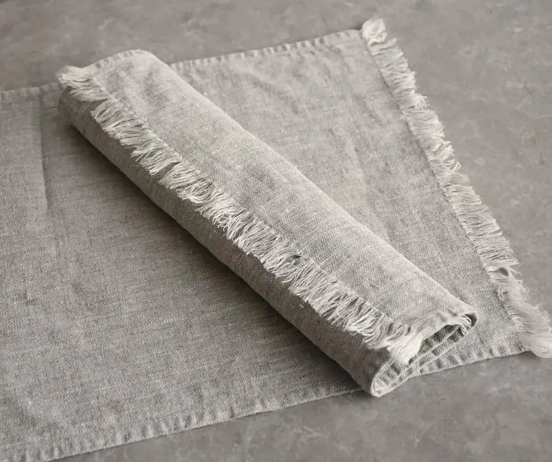 100%Pure Linen Fringes Placemats Natural 14 x 19 Inch  Fabric Handcrafted Machine Washable