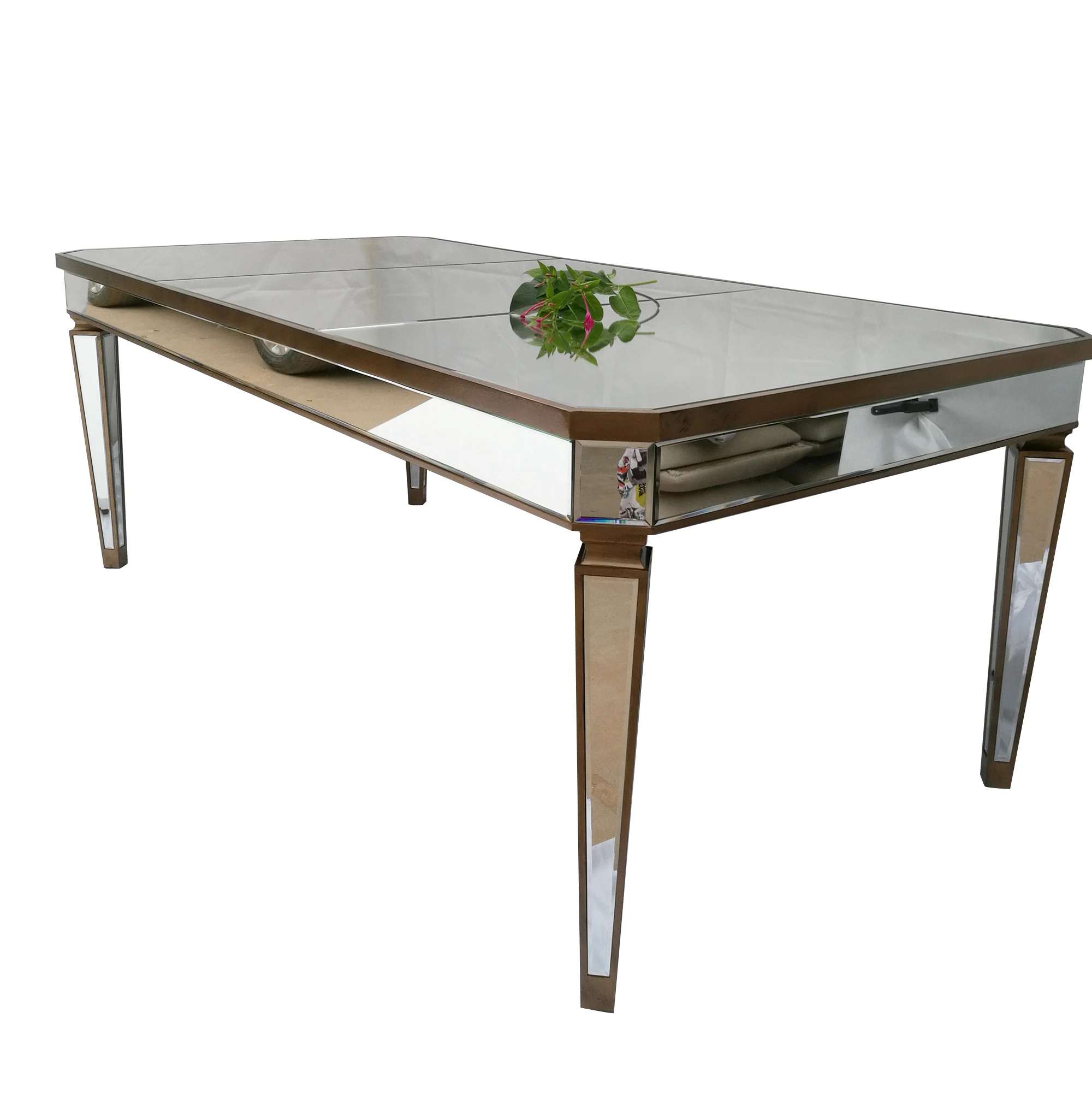  Новое поступление заводская цена на 12 человек античное золото деревянная обрезка прямоугольная зеркальная мебель для праздника свадьбы обеденного стола