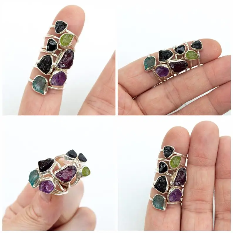 Raw Birthstone Rough Ring at Factory Price Onyx Amethyst Apatite Peridot Garnet Silver Rings from Manufacturer Online Regular