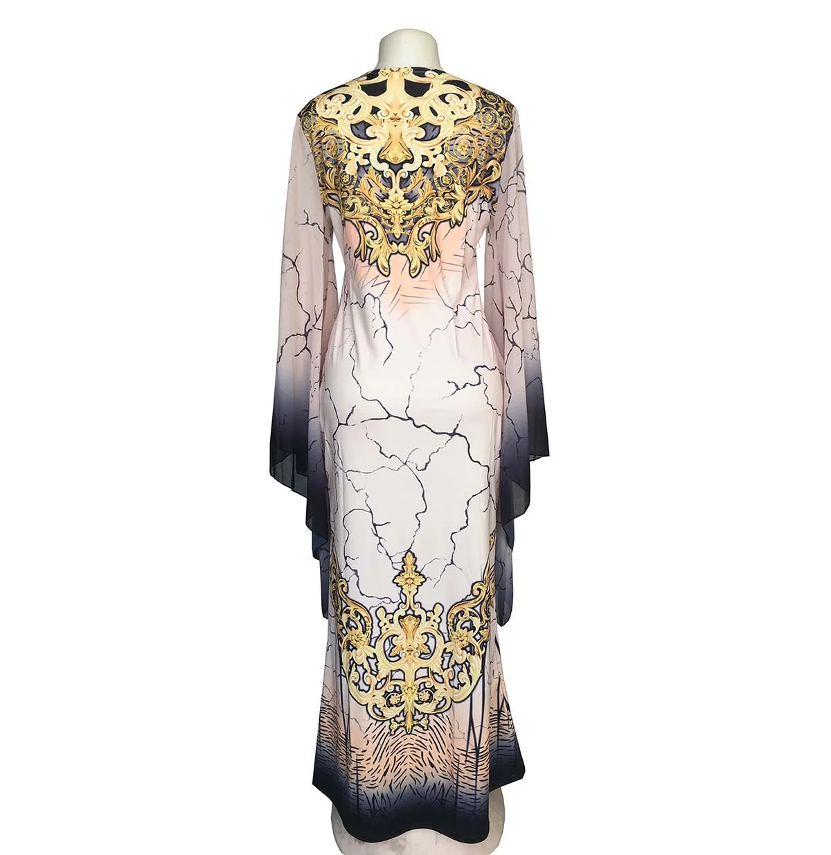 African fashion ladies ware printed v-neck fit body fish-tail big chiffon long hand long dress