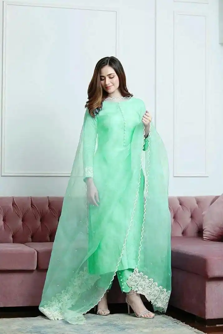 Summer wear embroidery casual cotton dress with rganza dupatta with embroidery border work kurti dress pakistani salwar kameez