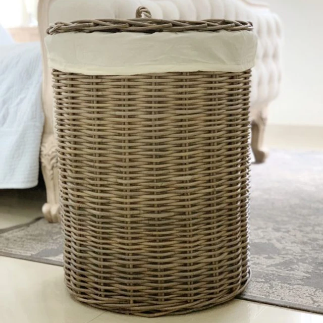 Laundry Basket Eco Friendly Handmade Round Storage Stock  Plant With Fabric Lid Vietnam Wicker Rattan Trash Bin Basket