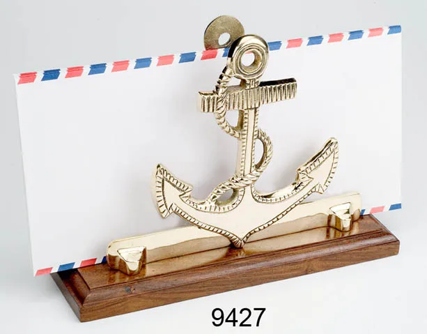 Custom Printed Brass Ship Wheel Card Holder Metal Table Top Nautical Decorative Gift Envelop on Wooden Base