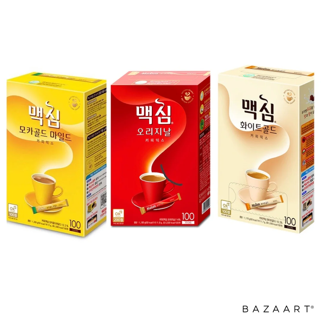 3 TYPES OF KOREAN MAXIM INSTANT COFFEE - MAXIM MOCHA GOLD MILD, MAXIM WHITE GOLD, MAXIM ORIGINAL - 100 pieces in a pack