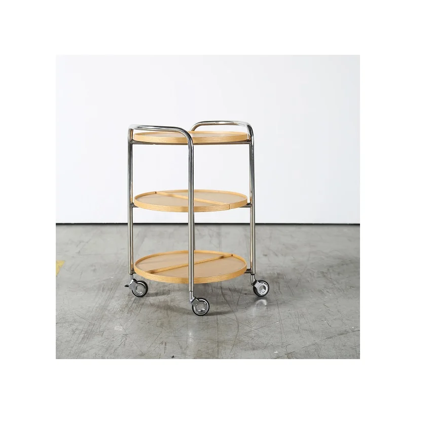 Тележка на колесах для сервировки еды в скандинавском стиле, 3 Деревянных Полки из стали, 304 никелирование, для дома, отеля, бара, ресторана, сада