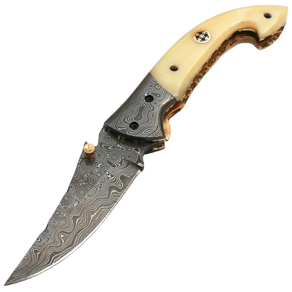 Custom Handmade Damascus Steel Folding Pocket Knife With Bone Handle
