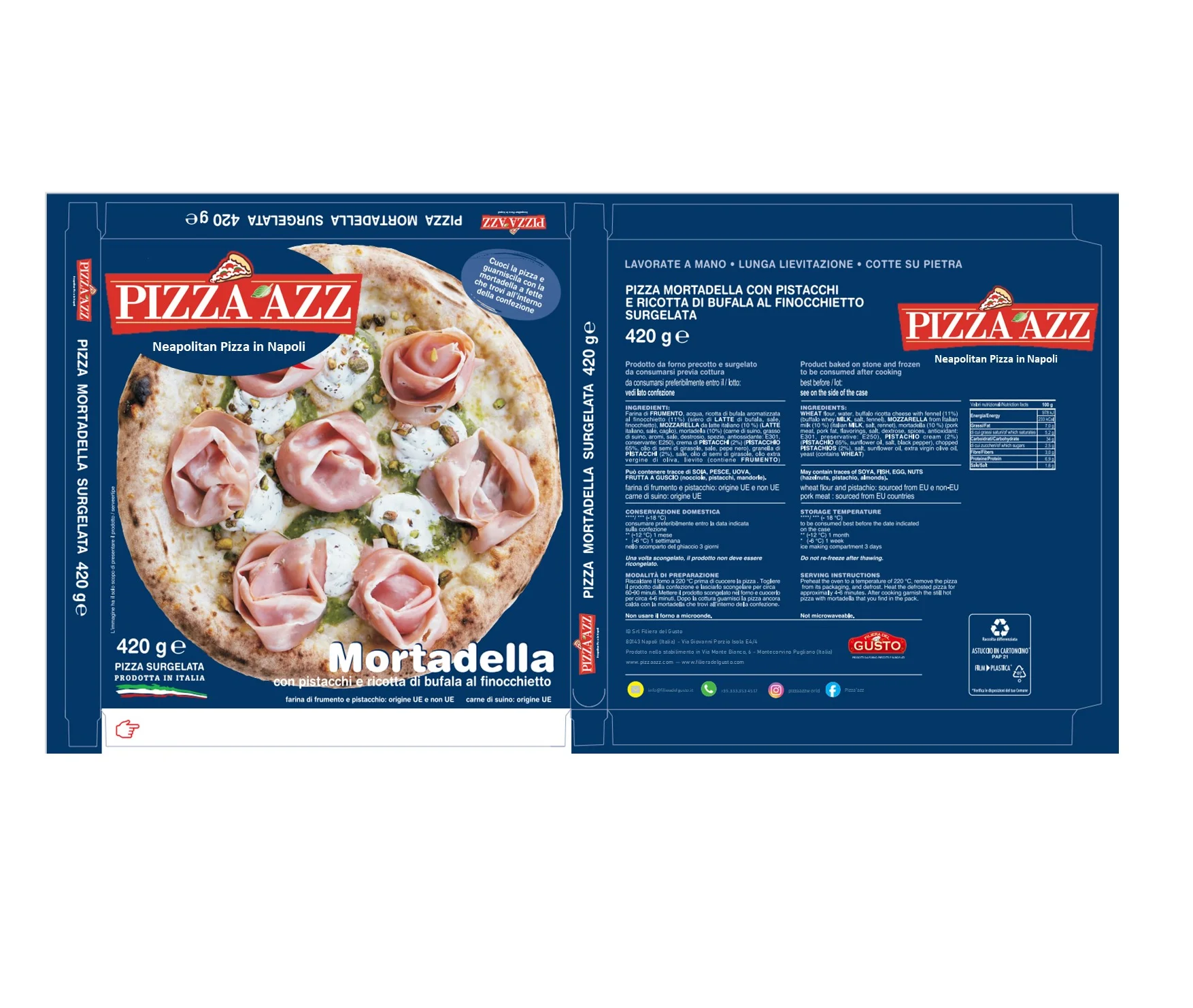 100% made in Italy pizza with mortadella buffalo ricotta cheese with Fennel and pistachios for export