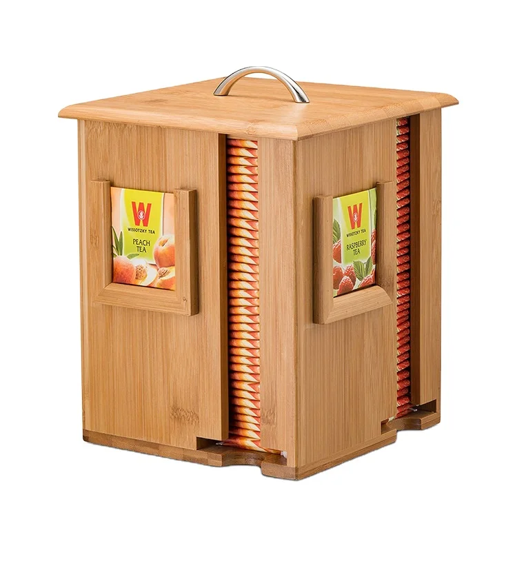 4 sided marked rotating visual bamboo tea bag organizer storage box quick found with lid for pantry