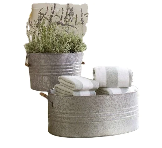 Large Galvanized Oval Metal Storage Bucket with Rust Trim perfect for storage & organization accessories or kitchen