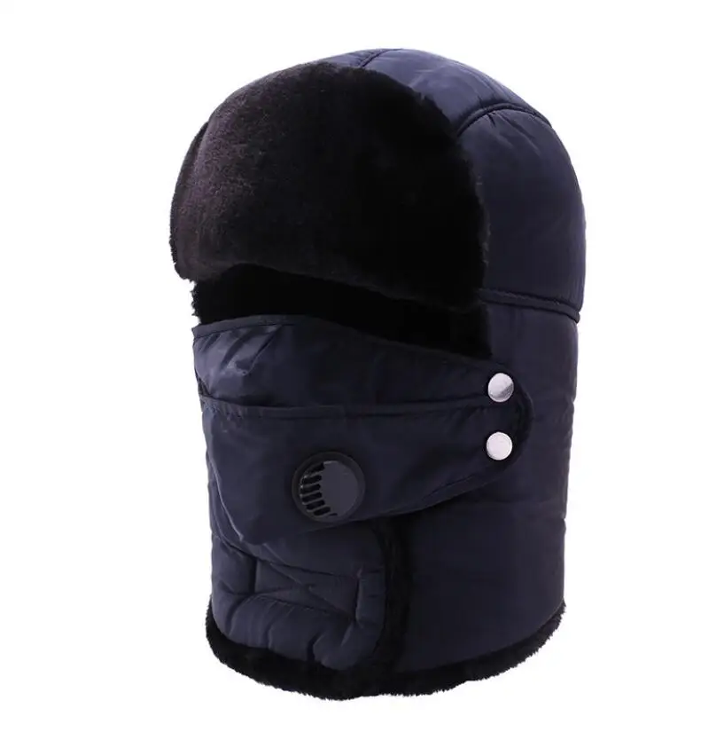 
Wholesale Winter Bomber Hats Men Women Thicker Fur Earflap Heating Plain Snow Cap Russian Plush Ski Hat with mask 