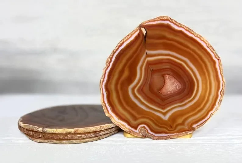 Large Amber Agate Crystal Coasters Hand-carved Rose Quartz Plate for Home Decor