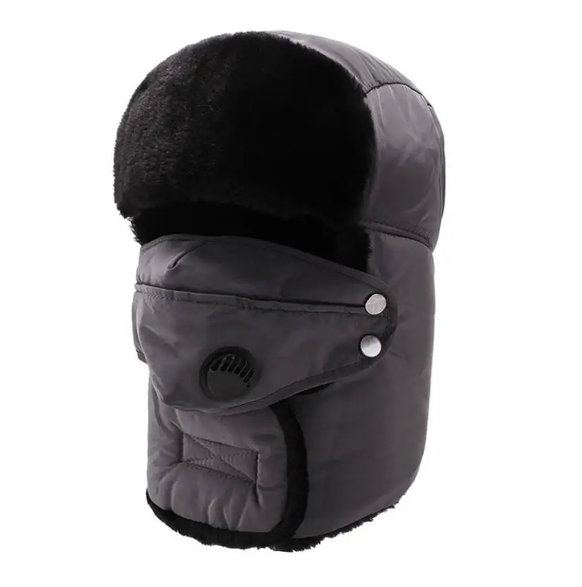 
Wholesale Winter Bomber Hats Men Women Thicker Fur Earflap Heating Plain Snow Cap Russian Plush Ski Hat with mask 