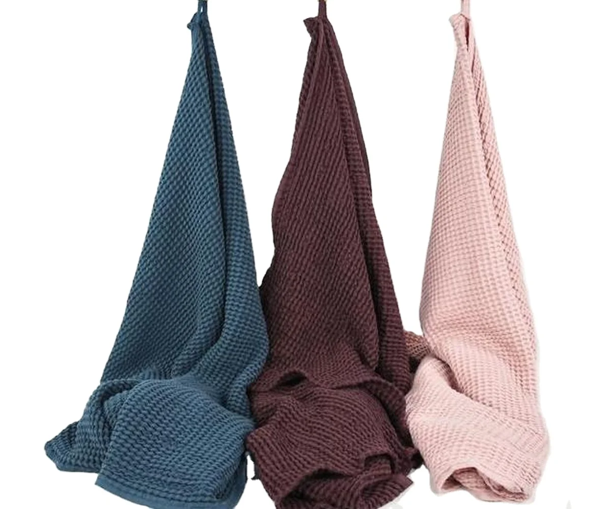 Waffle linen bath towels are made linen cotton blend organic fabric