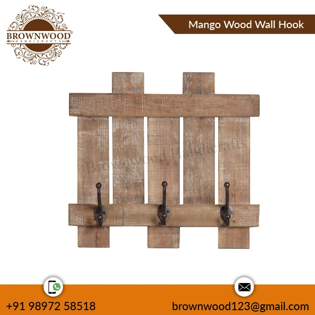 Wholesale Price Burnt White Wash Color Handmade Mango Wood Wall Hook Wooden Hand Carved Wall Hook For Coats & Jackets