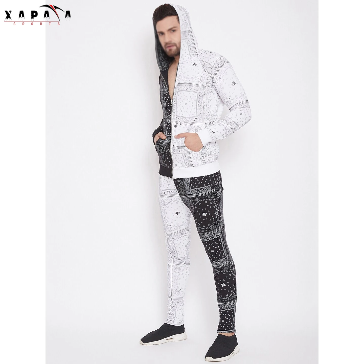 Professional High Quality Men Tracksuit Men White & Black Ethnic Motifs Printed Slim-Fit Tracksuit By XAPATA SPORTS
