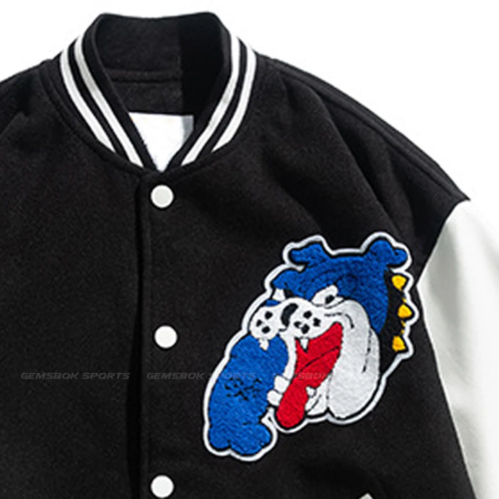 High Quality Fashion Custom made varsity  jacket wholesale baseball jackets Black Patchwork Letterman Varsity Bomber Jacket
