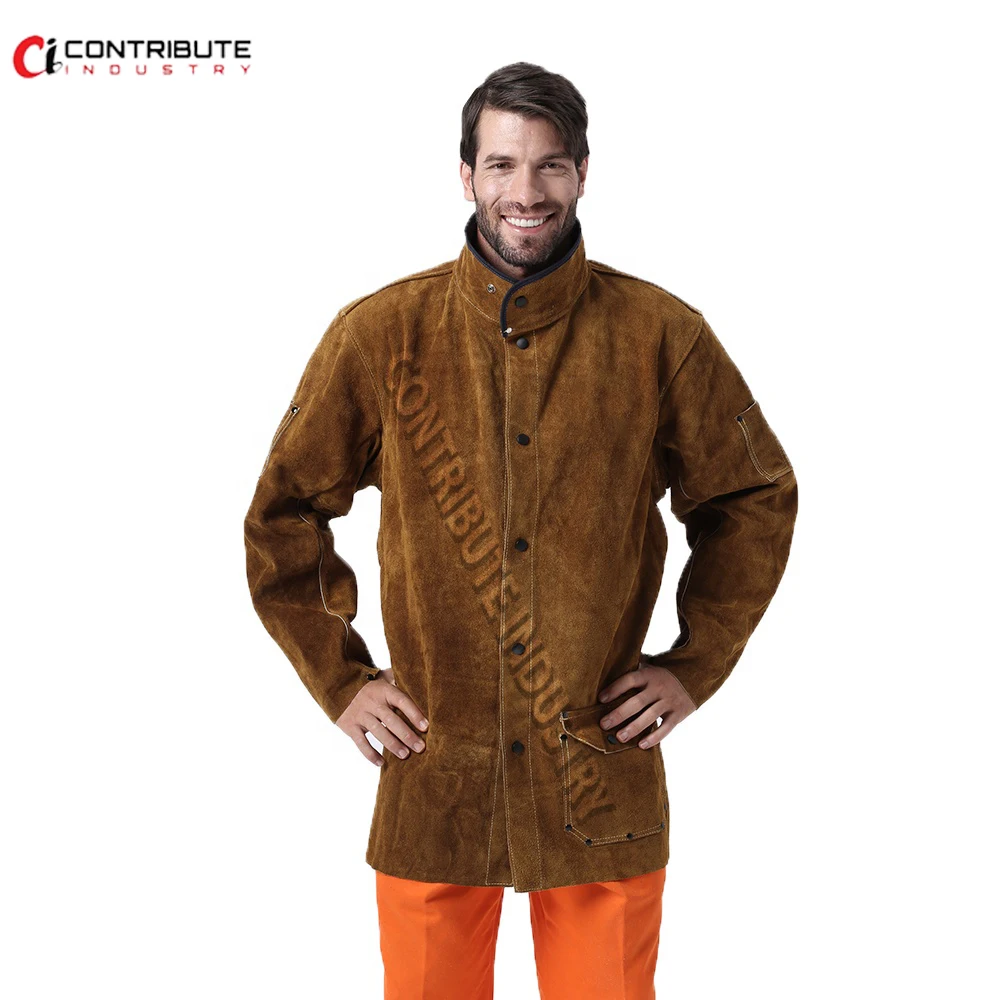 Manufacturer supplies protective durable cowhide and FR cotton welding jacket
