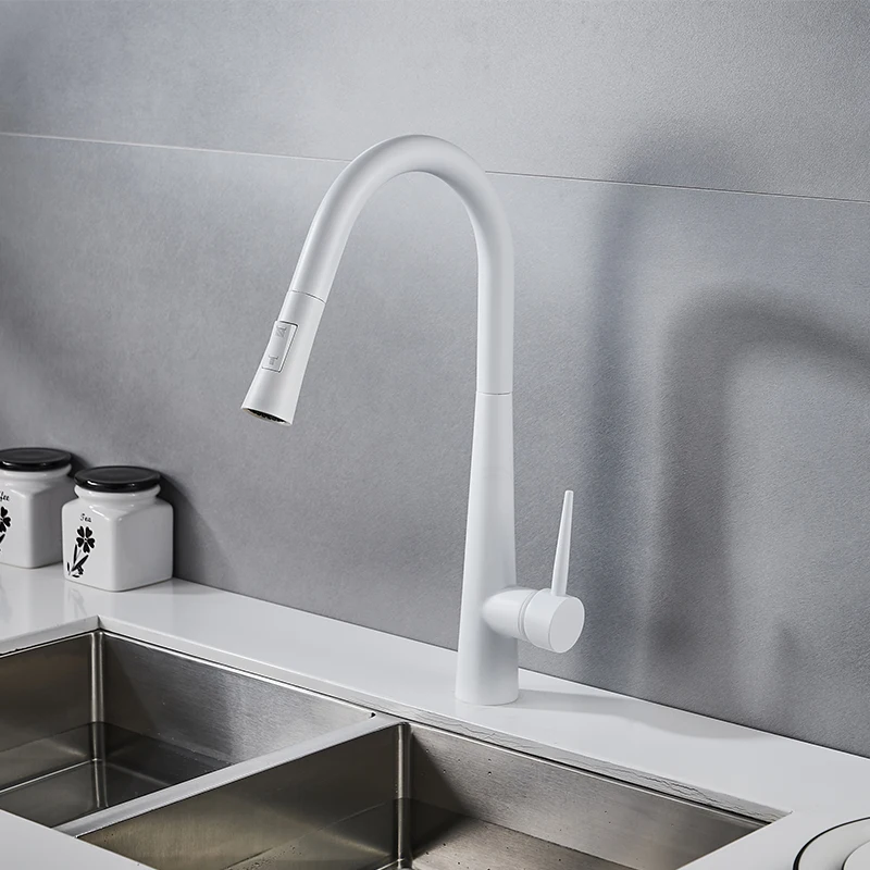 Modern High Grade White Copper Flat Head Three-way Horn Pull out Down Kitchen Tap Faucet