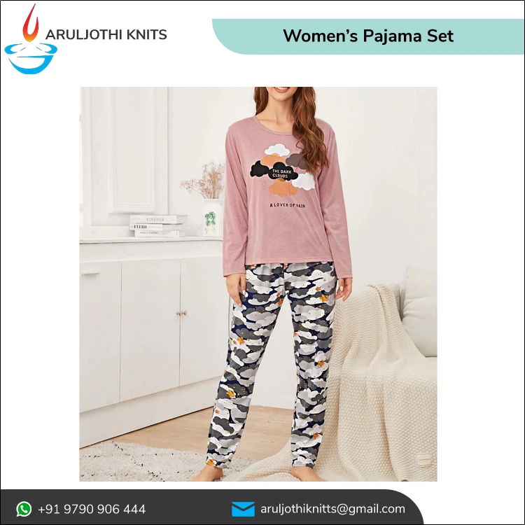 Custom Printed Sleepwear Lounge Wear Women Long Full Length Pajama Set 100% Cotton sleep & Loungewear clothes