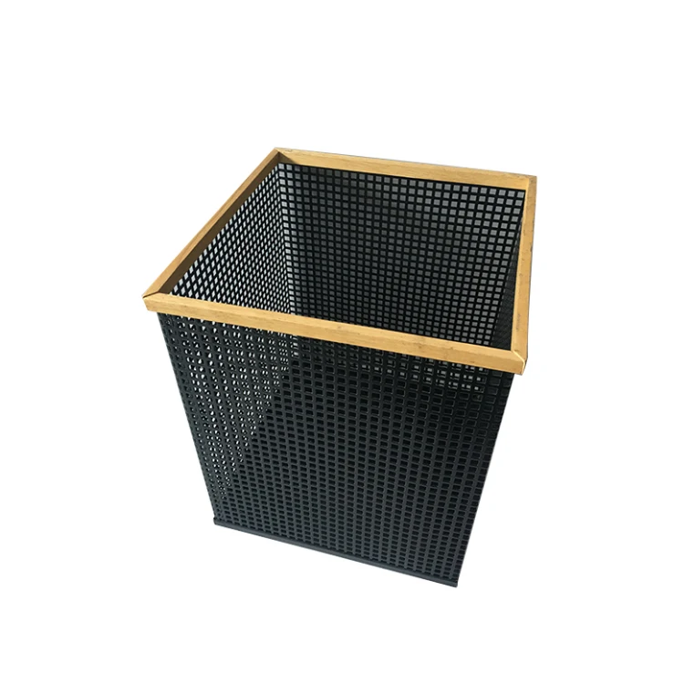 Square Metal Wooden Office Trash Bin Waste Paper Basket