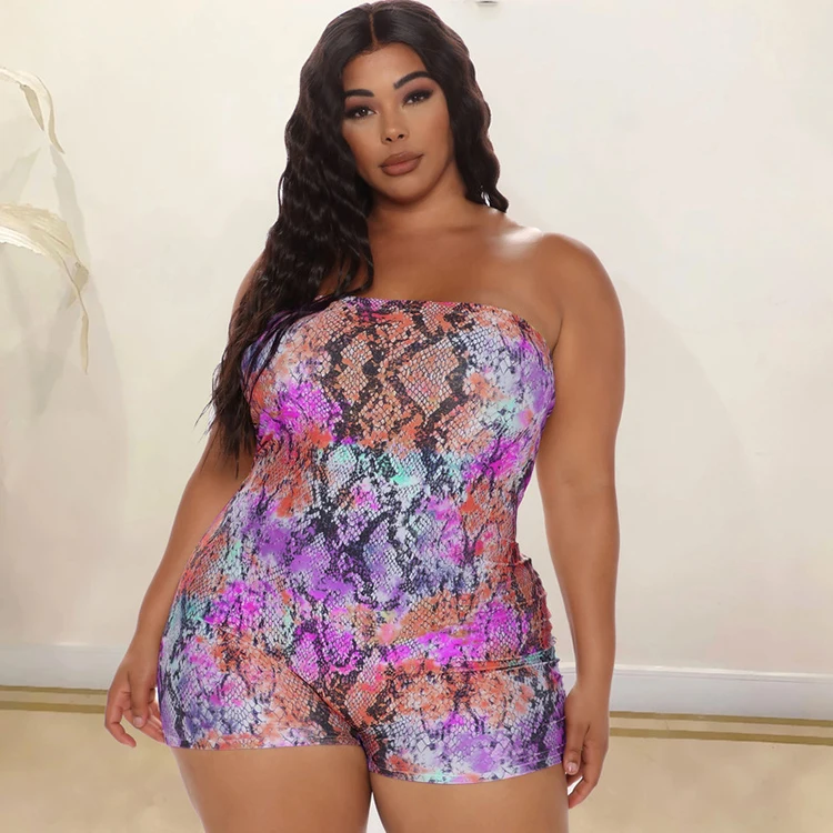 Snake Skin Print Sleeveless Plus Size Bodycon Strapless Short Romper Clothing One Piece Rompers Jumpsuit Shorts For Women